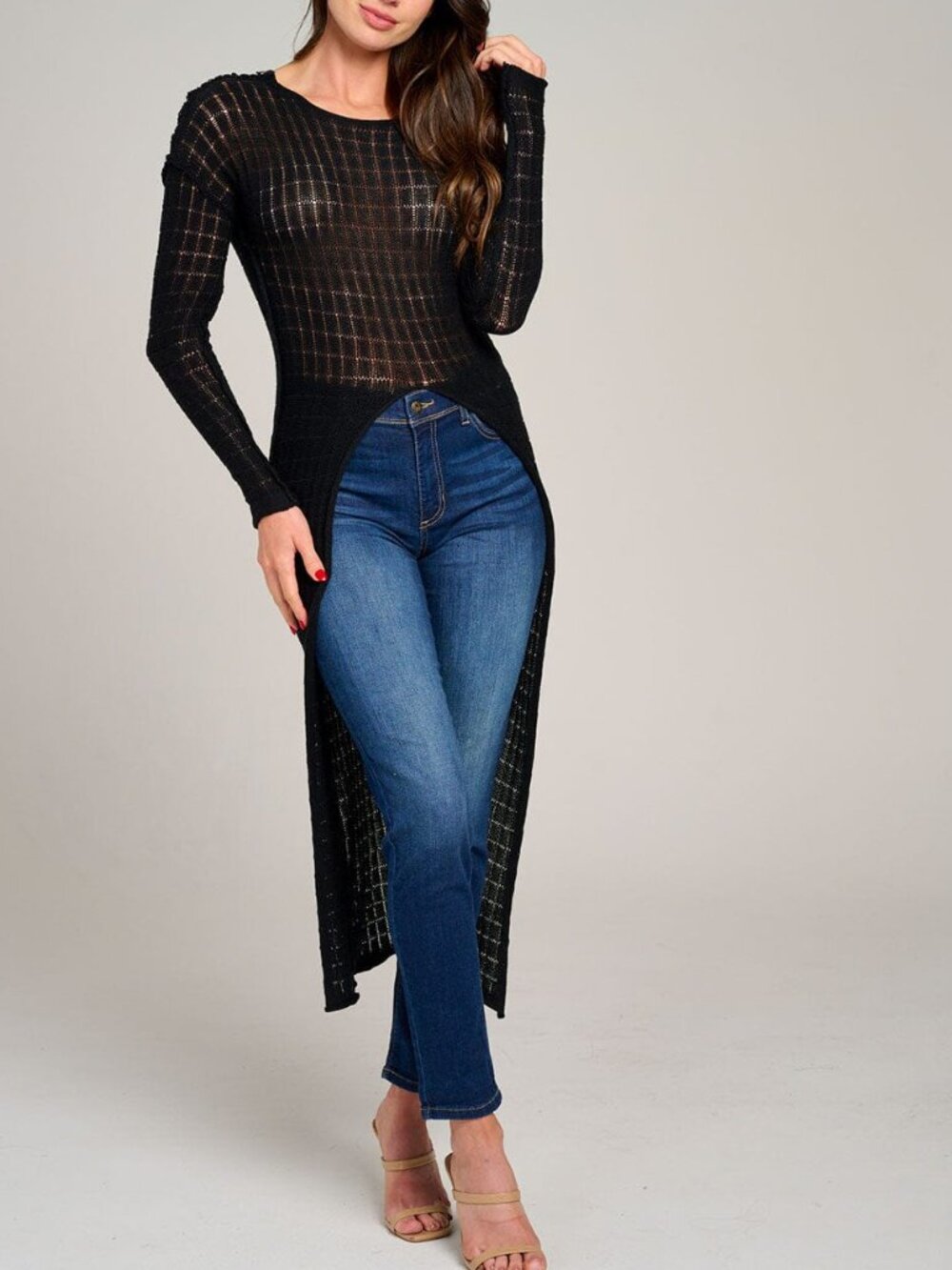 Women's Hollow Out Long Sleeve Crochet Knit Top Cover Up Casual Split Front Blk